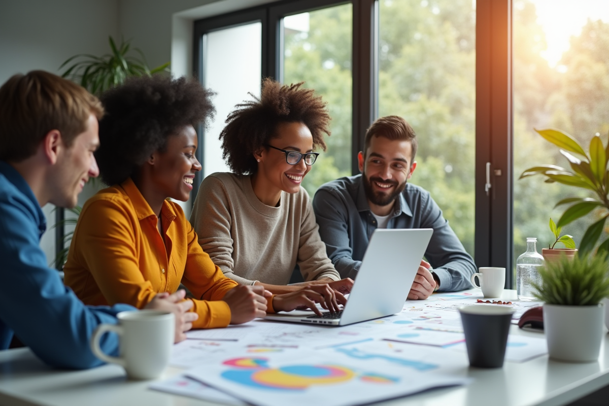 Groupe de jeunes entrepreneurs autour d'un bureau lumineux