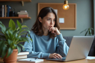 Jeune femme concentrée devant son ordinateur dans un appartement cosy