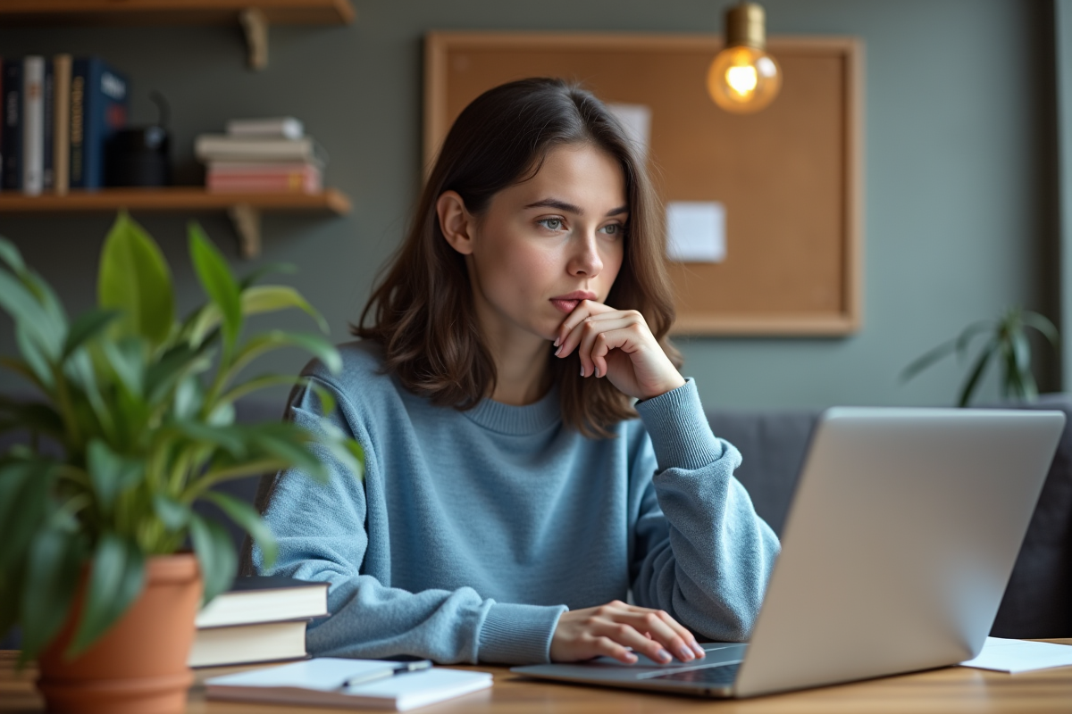 Jeune femme concentrée devant son ordinateur dans un appartement cosy