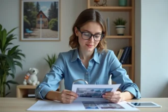 Femme en bureau examinant une photo avec loupe pour {titre}