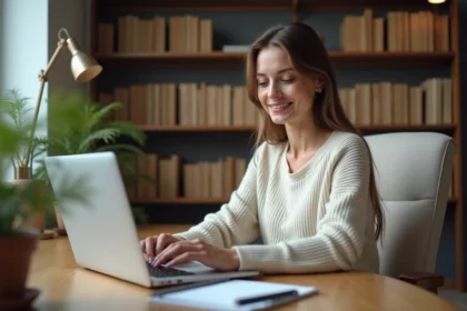 Jeune femme au bureau à domicile en train de taper sur son ordinateur