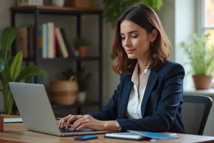 Jeune femme professionnelle travaillant sur son ordinateur dans un bureau cosy