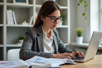 Jeune femme professionnelle travaillant sur son ordinateur dans un bureau lumineux