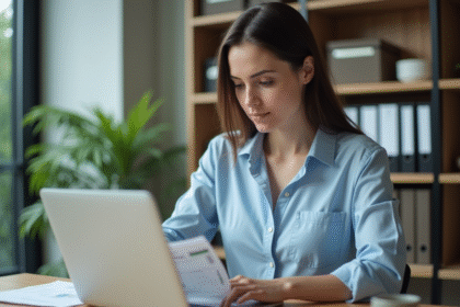 Jeune femme au bureau travaillant sur un ordinateur portable