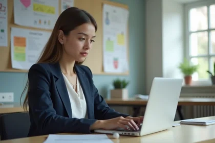 Jeune femme concentrée travaillant sur son ordinateur dans un bureau moderne