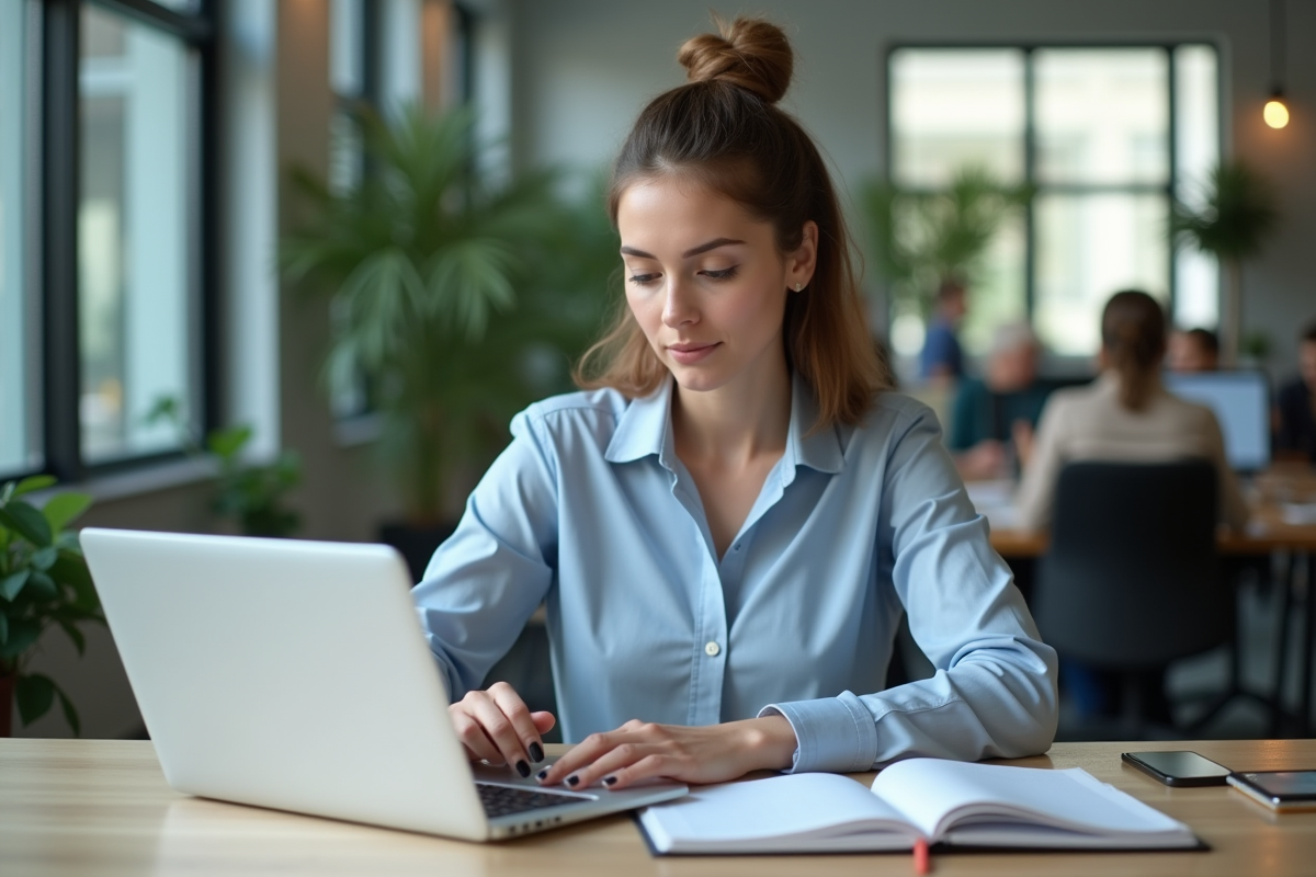 Jeune femme professionnelle travaillant sur un ordinateur dans un bureau moderne