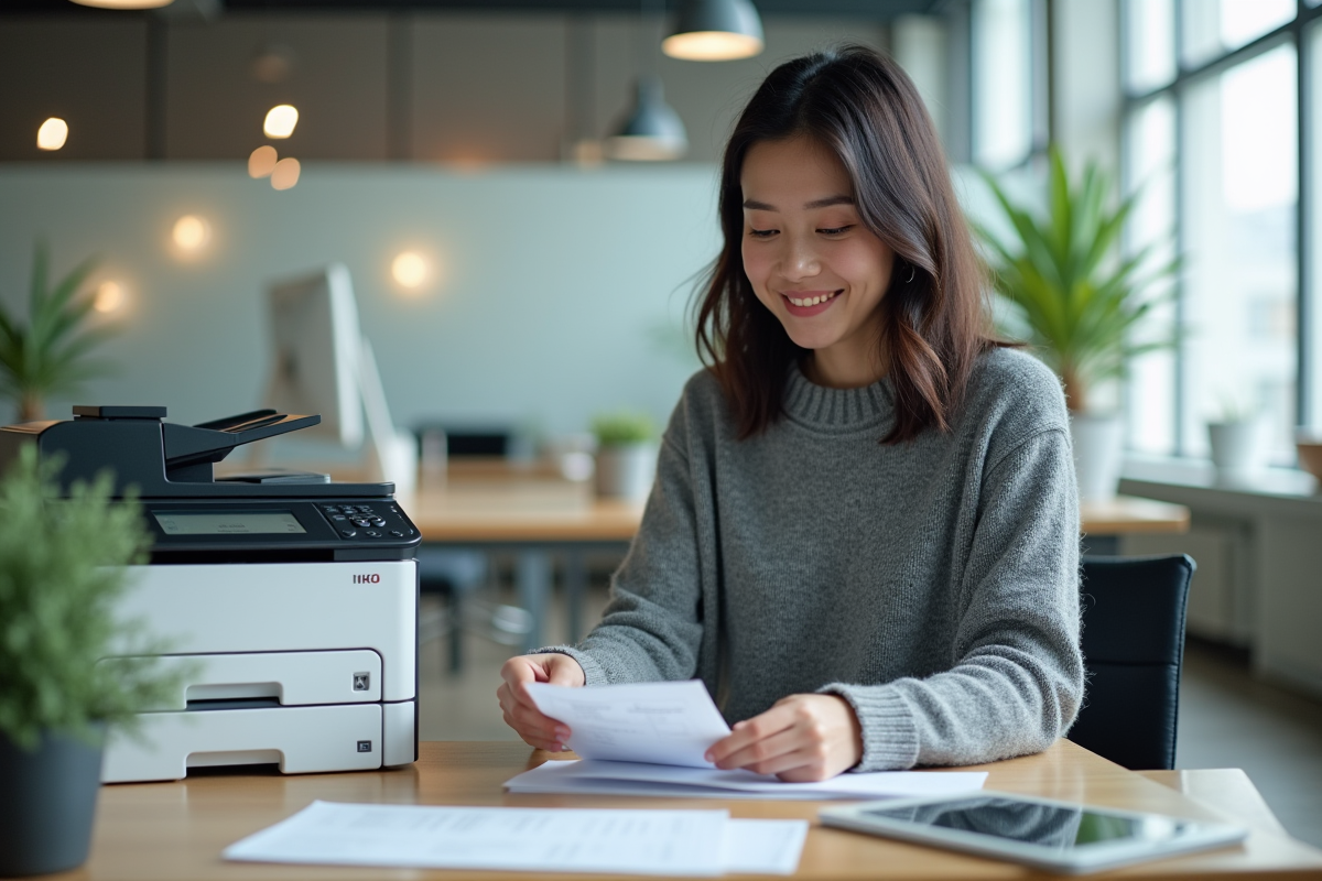 Jeune femme en pullover gris scannant des reçus dans un bureau lumineux