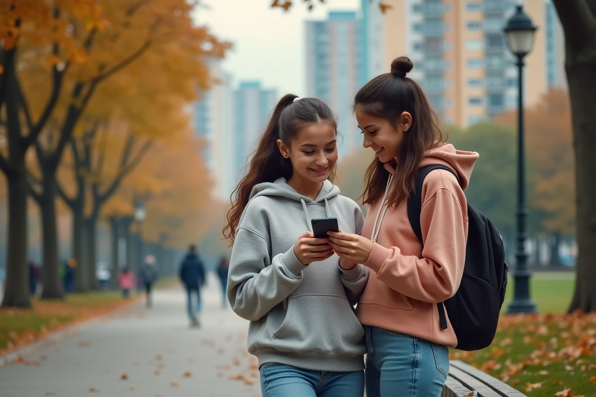 Jeune femme montrant son téléphone à une amie dans un parc urbain