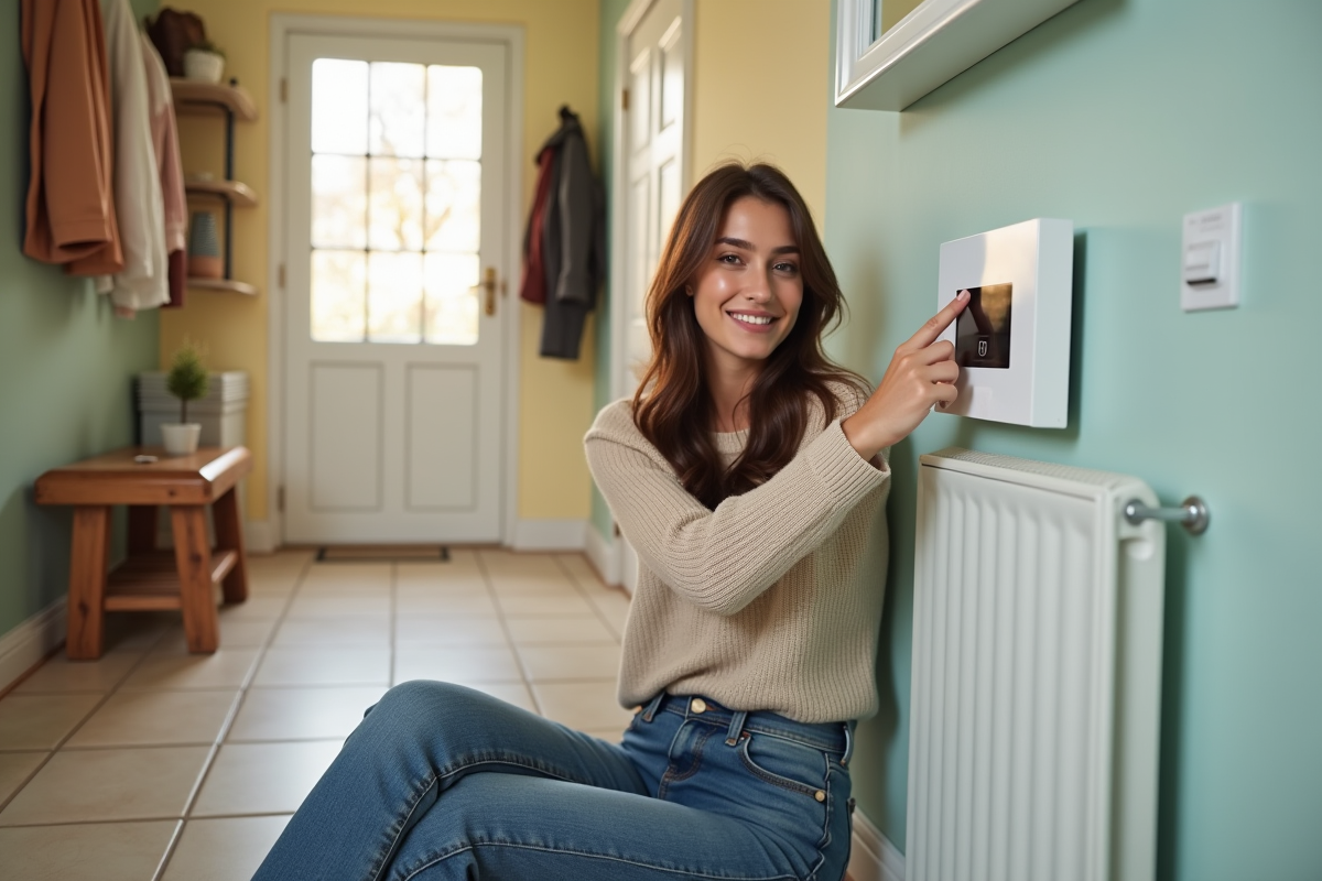 Jeune femme ajustant le thermostat d