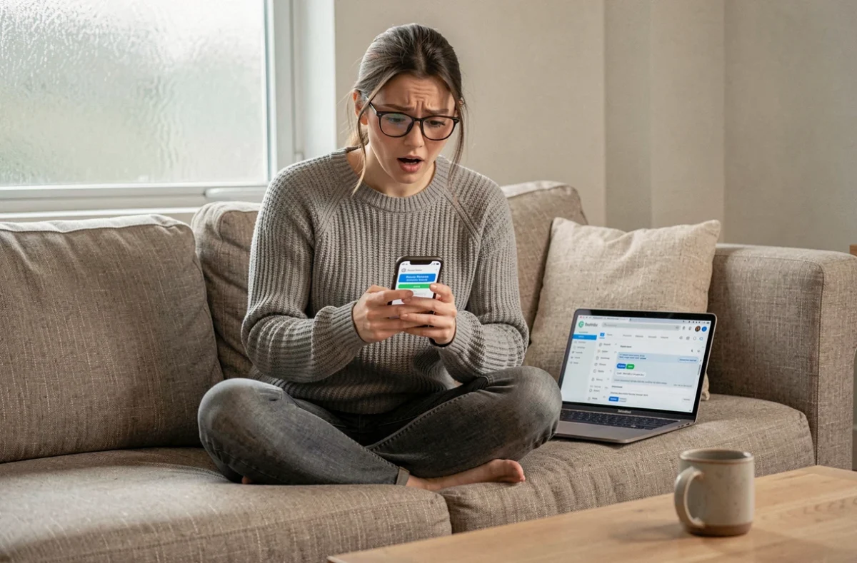 Jeune femme avec smartphone affichant une confirmation de réinitialisation de mot de passe webmail depuis son canapé