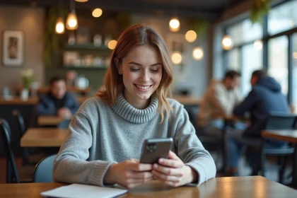 Jeune femme utilisant son smartphone dans un café moderne
