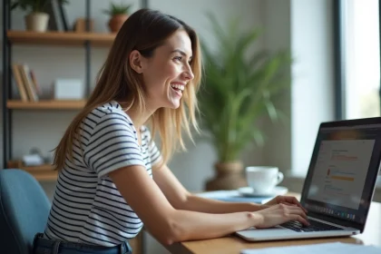 Jeune femme surprise devant son ordinateur dans un bureau moderne