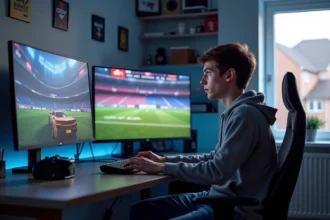 Jeune homme concentré devant son écran de jeu Rocket League
