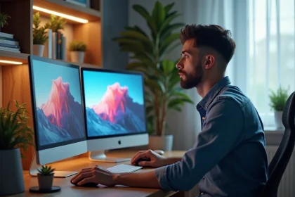 Jeune homme concentré devant deux écrans en home office