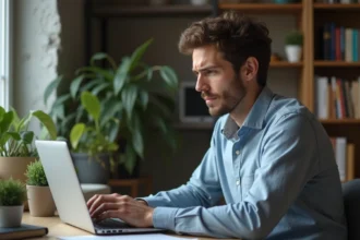 Jeune homme au bureau regardant un popup suspect sur son ordinateur