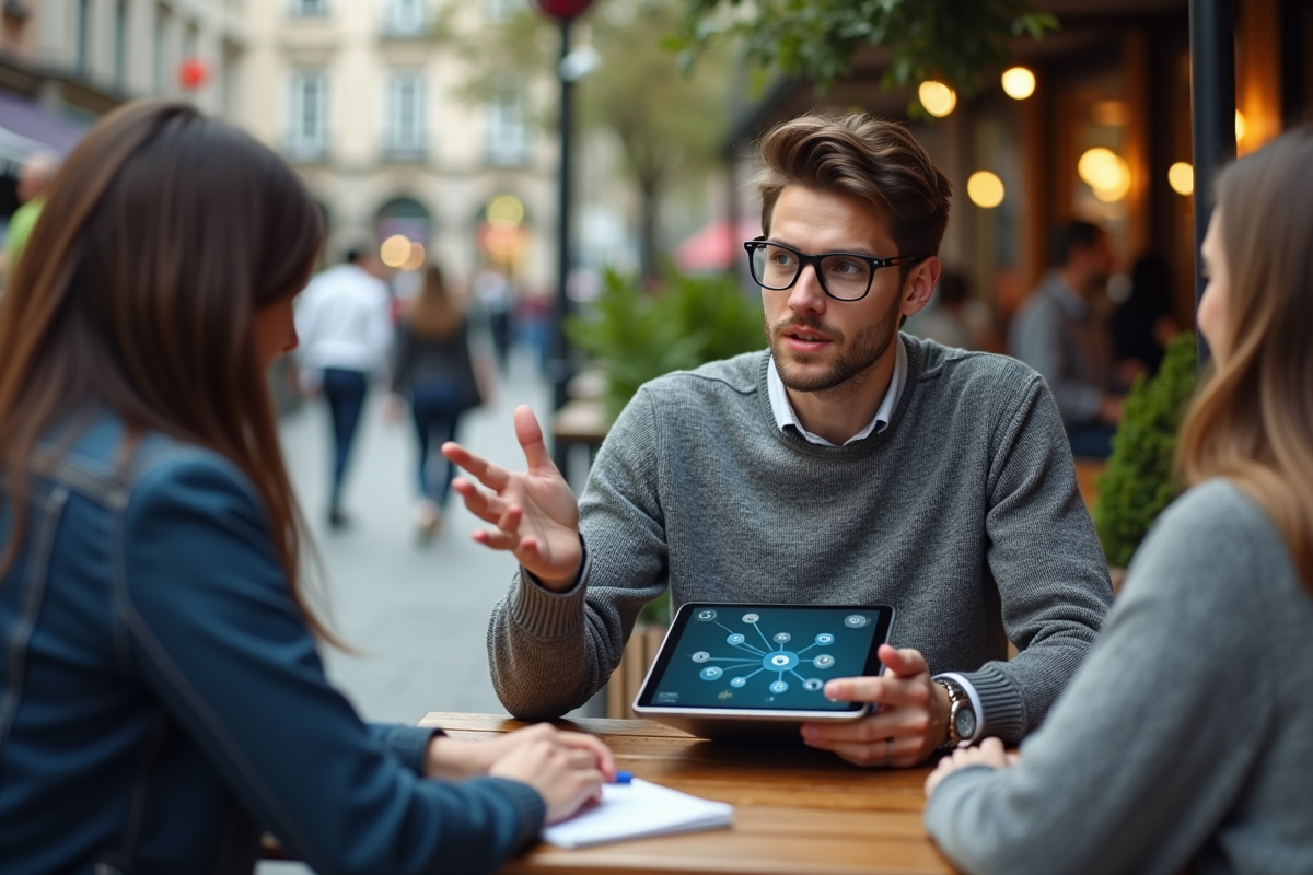 Jeune homme discutant avec un collègue dans un café urbain