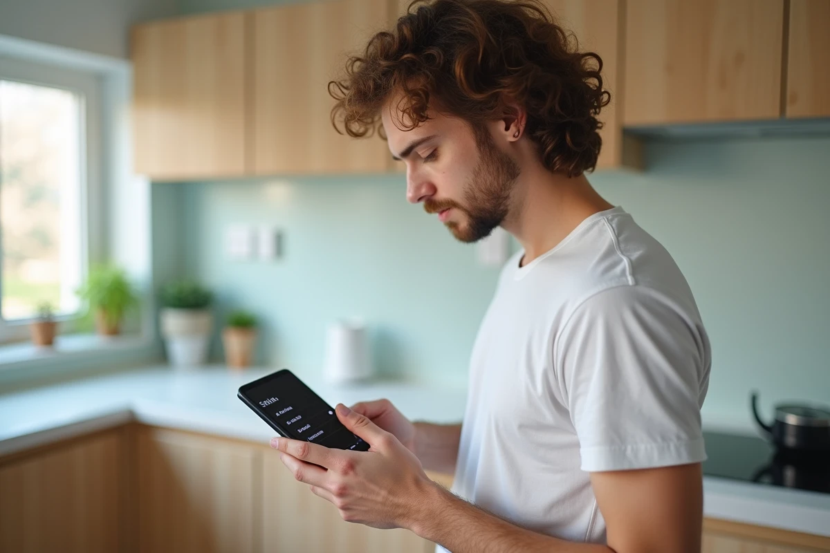 Jeune homme debout dans une cuisine activant la corbeille dans les paramètres cachés de son Samsung