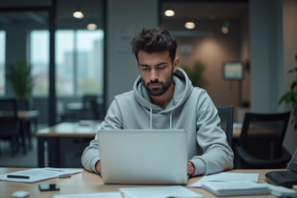 Jeune homme IT concentré à son bureau moderne
