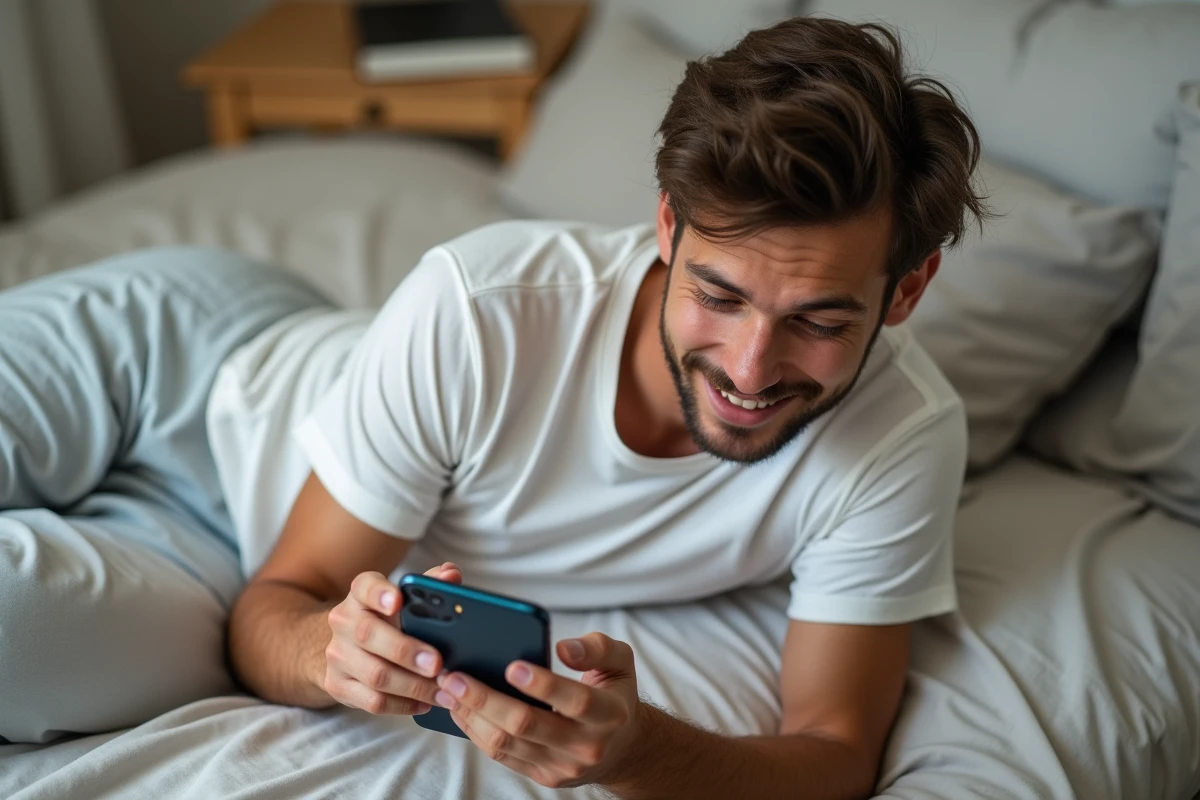 Jeune homme consultant les nouveaux jeux Games Prime du mois sur son smartphone dans sa chambre