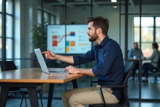 Jeune homme en chemise bleue devant un ordinateur en réunion