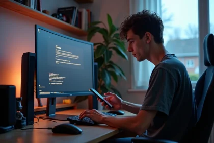 Jeune homme concentré devant un écran d'ordinateur avec erreur logiciel