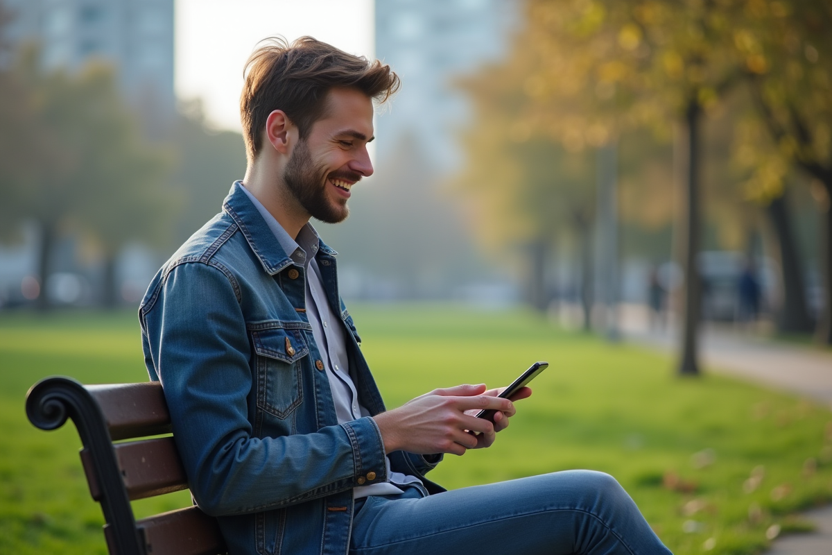 Jeune homme en park discutant avec son smartphone