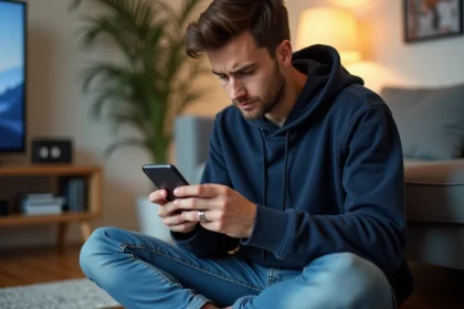 Jeune homme frustré avec smartphone Android dans le salon