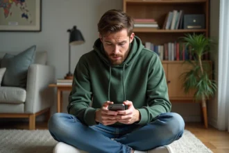 Jeune homme en hoodie vert utilisant son smartphone dans un salon moderne