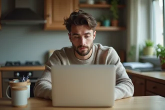 Jeune homme concentré travaillant sur un ordinateur dans une cuisine chaleureuse