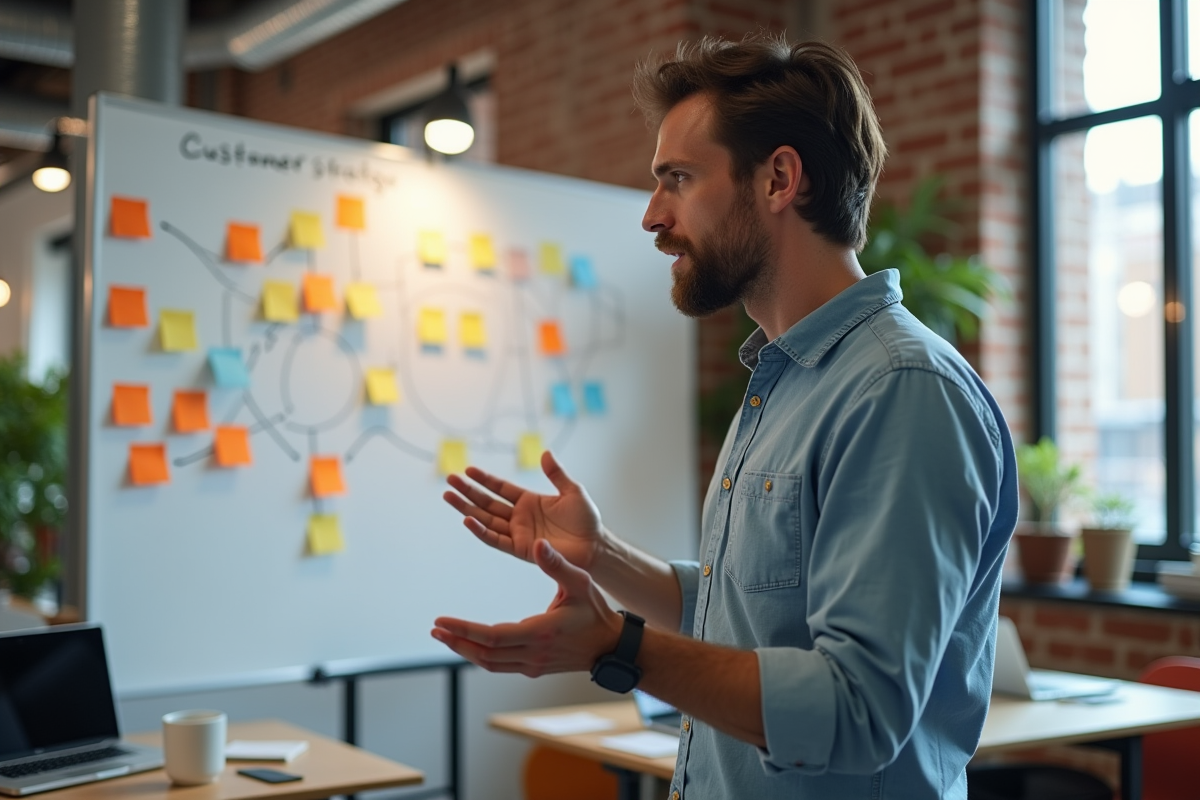 Jeune homme discutant devant un tableau blanc en coworking