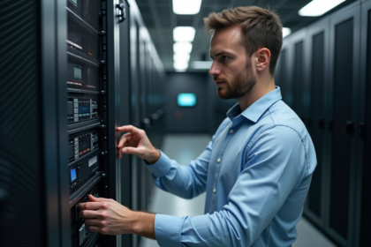 Jeune homme en chemise configure un serveur en bureau moderne