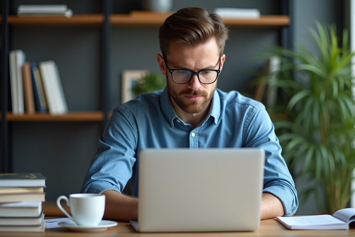 Jeune homme professionnel concentré devant son ordinateur