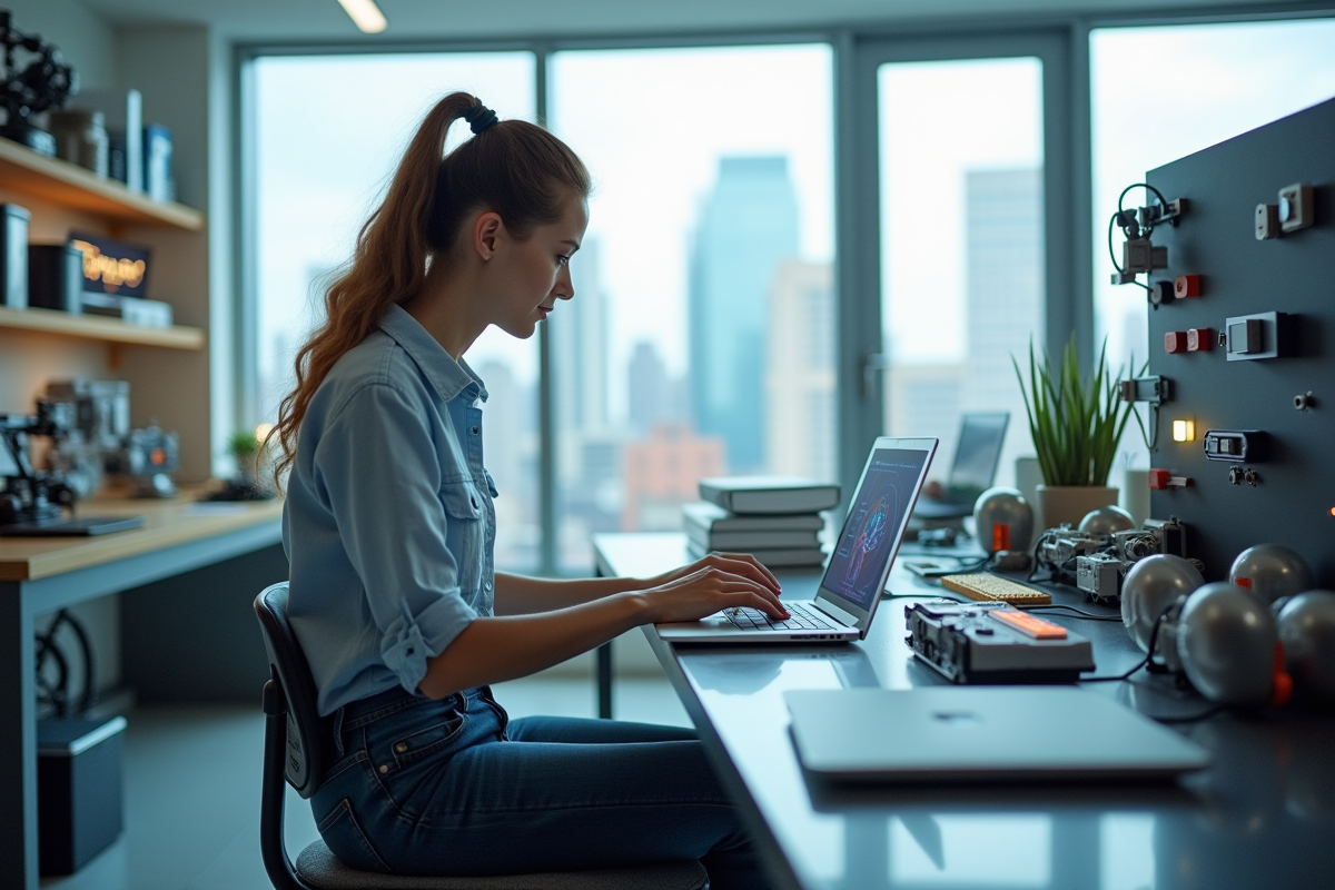 Jeune femme code sur un ordinateur dans un laboratoire moderne