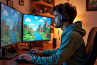 Joueur concentré devant un écran Minecraft avec mod Pokémon, configuration gaming avec figurines Pokémon en arrière-plan