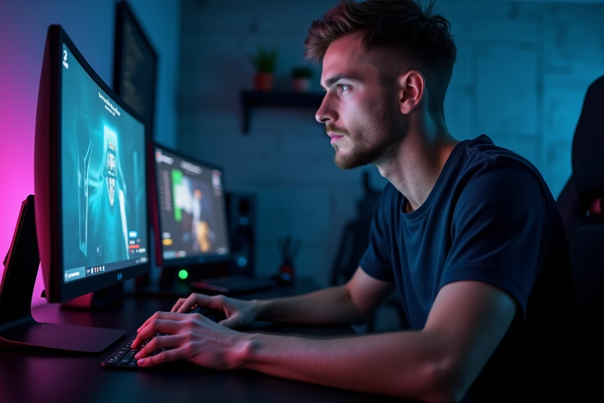 Joueur utilisant une souris gaming sans fil lors d'une session gaming sur setup biécran