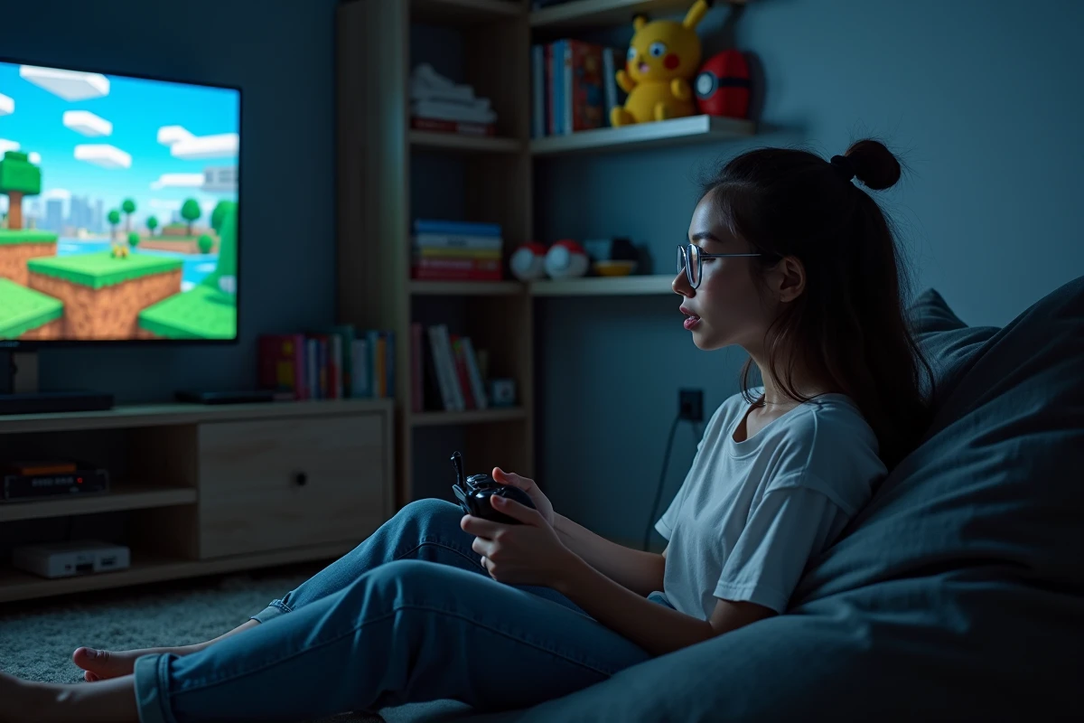 Joueuse avec manette concentrée sur une partie Nuzlocke Pokémon dans Minecraft affichée sur télévision murale dans une chambre gaming