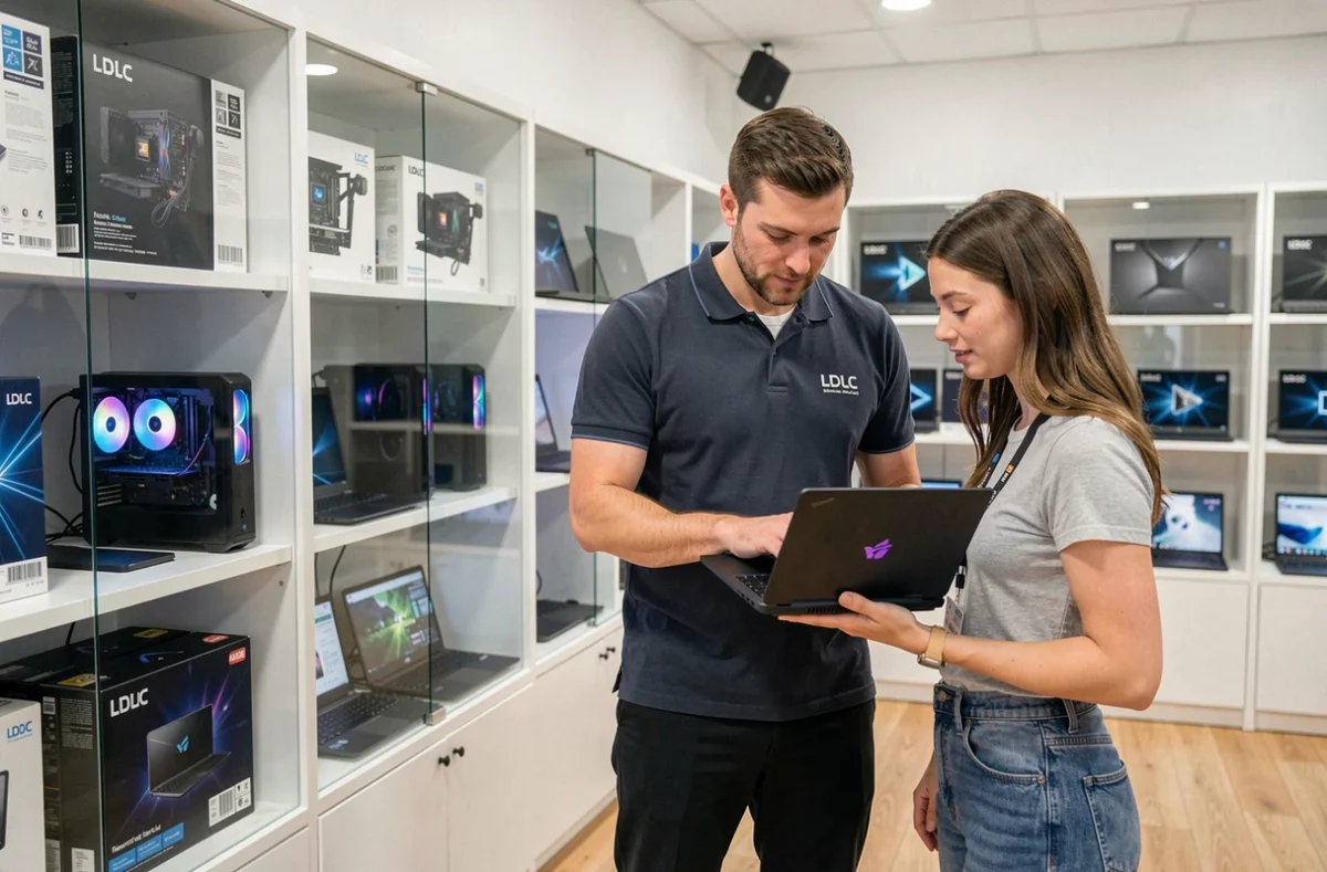 Intérieur du magasin LDLC à Caen avec un vendeur conseillant une cliente devant des ordinateurs portables