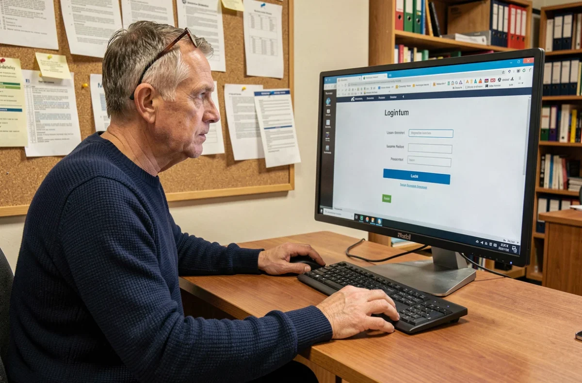 Enseignant accédant à l'intranet de l'Académie d'Amiens via un ordinateur de bureau dans une salle administrative