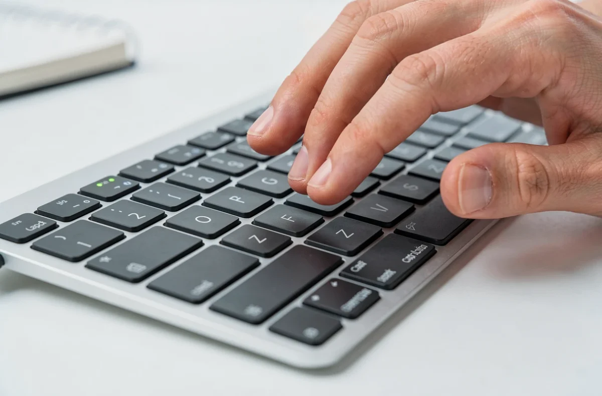 Vue macro d'un clavier avec les touches Verr Maj et Maj en évidence, mains en suspension illustrant un problème de majuscules