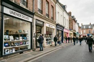 Vue d'une rue commerçante en Normandie avec plusieurs magasins d'informatique et d'électronique