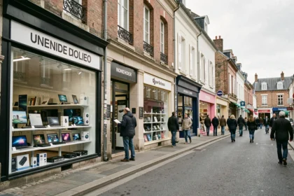 Vue d'une rue commerçante en Normandie avec plusieurs magasins d'informatique et d'électronique