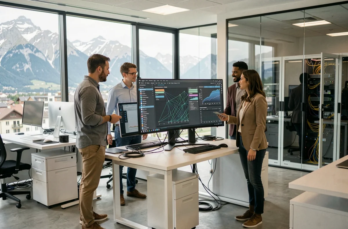 Équipe de maintenance informatique professionnelle en Auvergne-Rhône-Alpes travaillant sur des infrastructures réseau