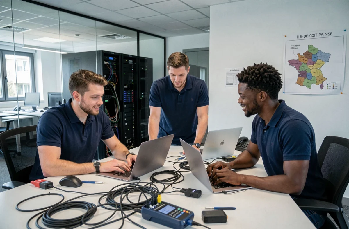Équipe de techniciens informatiques collaborant dans un bureau moderne du Val-d'Oise, entourés d'ordinateurs et d'équipements réseau