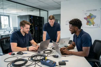 Équipe de techniciens informatiques collaborant dans un bureau moderne du Val-d'Oise, entourés d'ordinateurs et d'équipements réseau