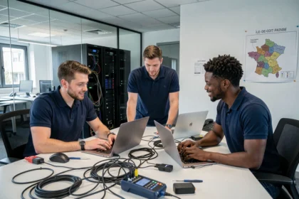 Équipe de techniciens informatiques collaborant dans un bureau moderne du Val-d'Oise, entourés d'ordinateurs et d'équipements réseau