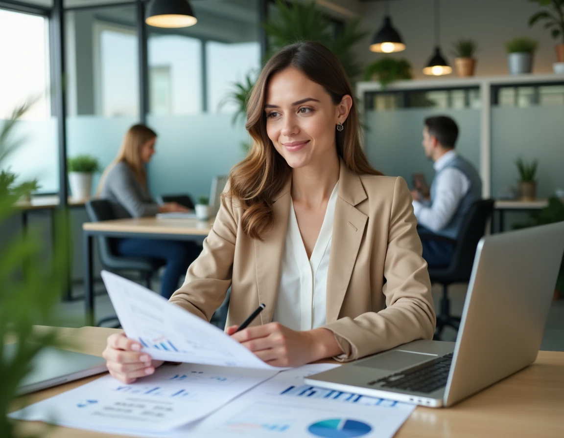Marketeuse digitale analysant des données sur un ordinateur portable dans un espace de coworking, représentant les professionnels du marketing ciblés par Infonovateur Blog
