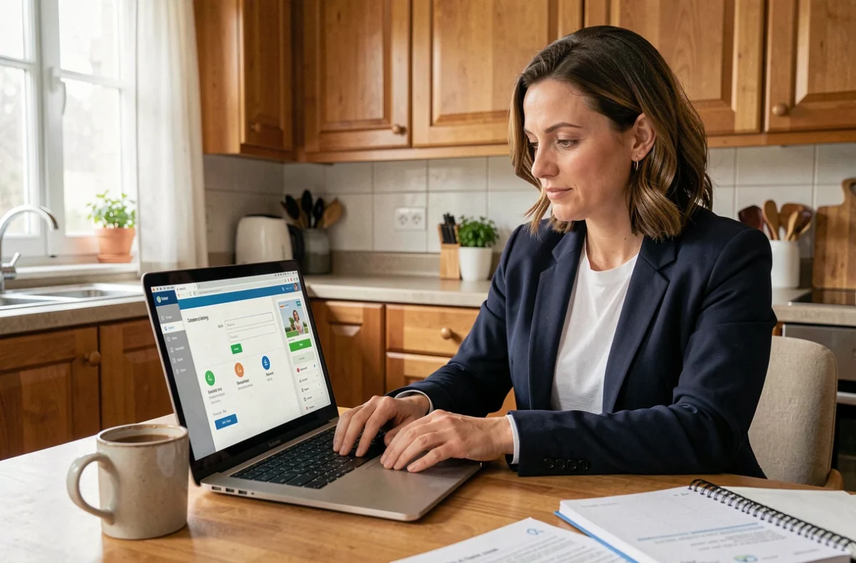Mère de famille connectée sur l'espace numérique ENT Paris depuis son ordinateur portable dans sa cuisine