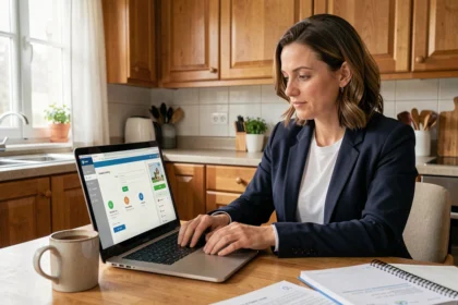 Mère de famille connectée sur l'espace numérique ENT Paris depuis son ordinateur portable dans sa cuisine
