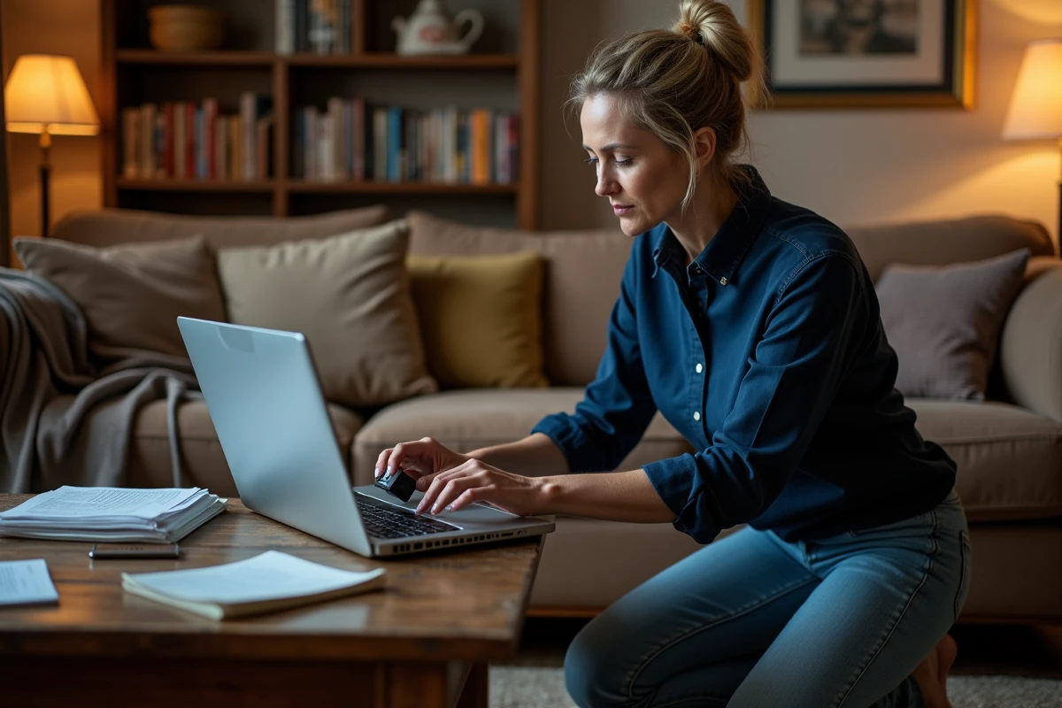 Femme mettant à jour les pilotes d'un vieux laptop via une clé USB dans un salon