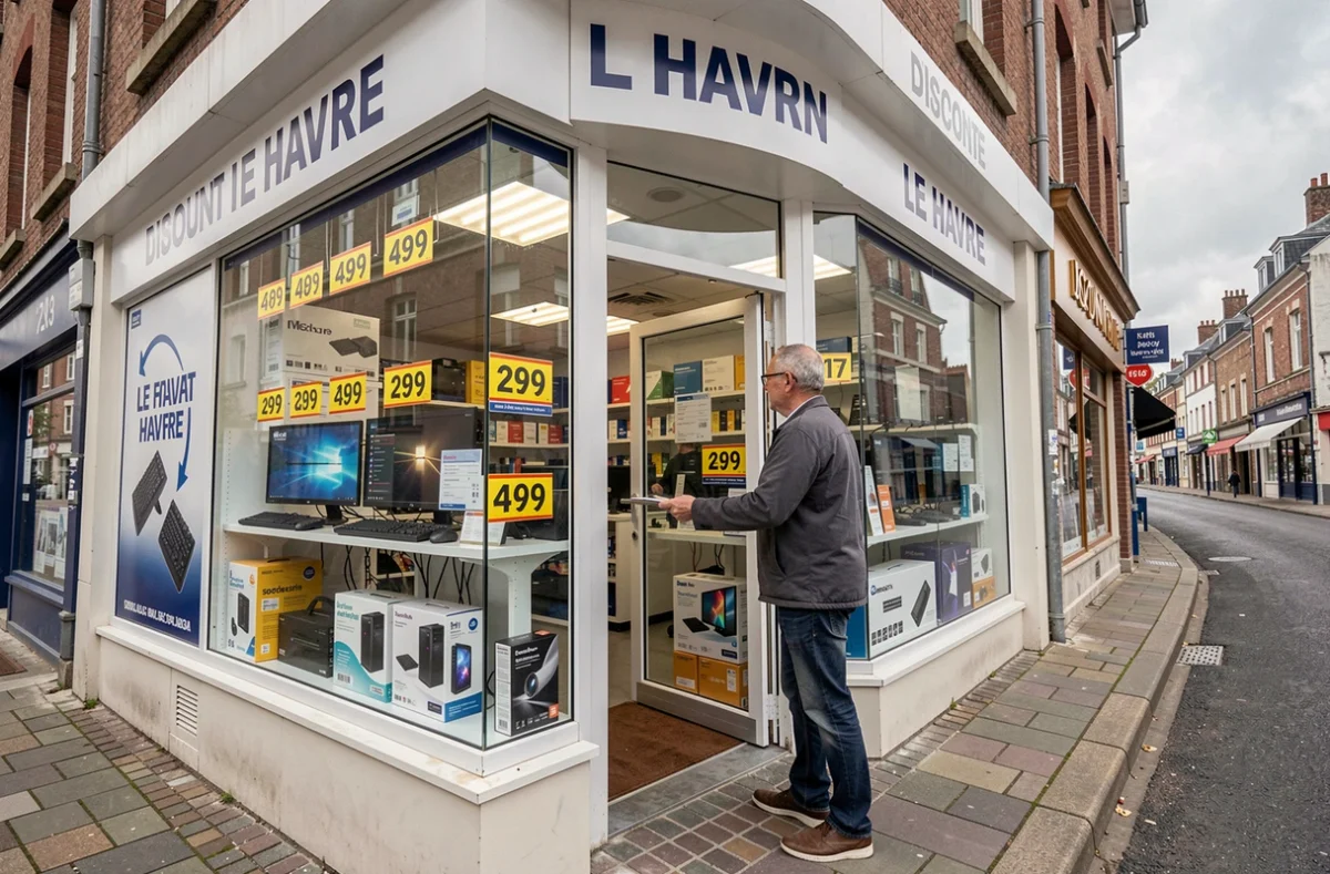 Devanture du magasin Oak Discount au Havre avec une vitrine de matériel informatique à prix réduits